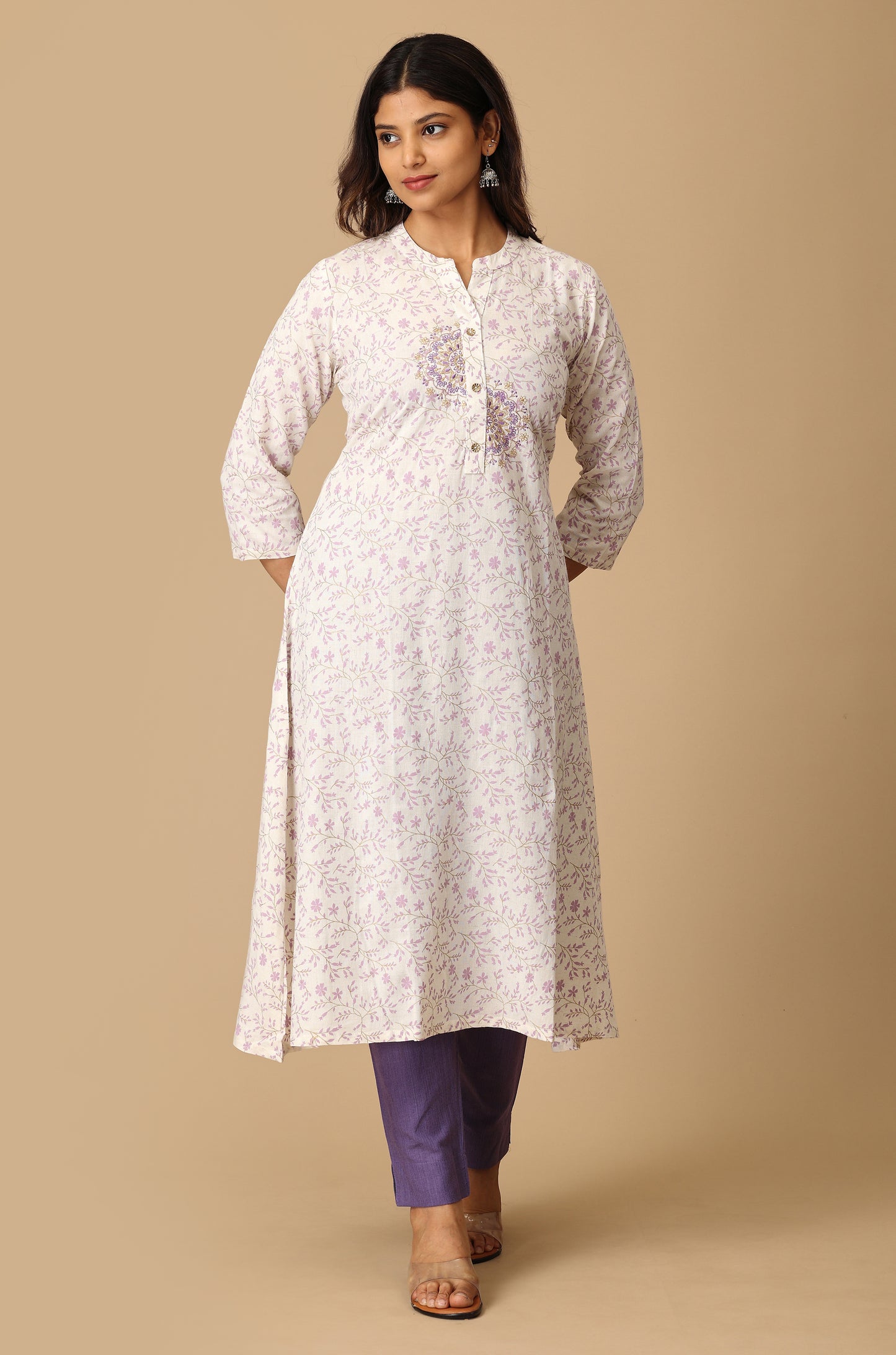 Off White Viscose Printed & Embroidery KurtI