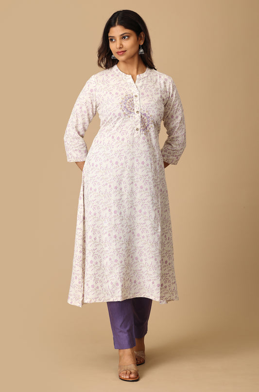 Off White Viscose Printed & Embroidery KurtI