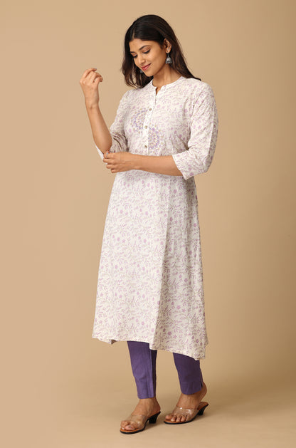 Off White Viscose Printed & Embroidery KurtI