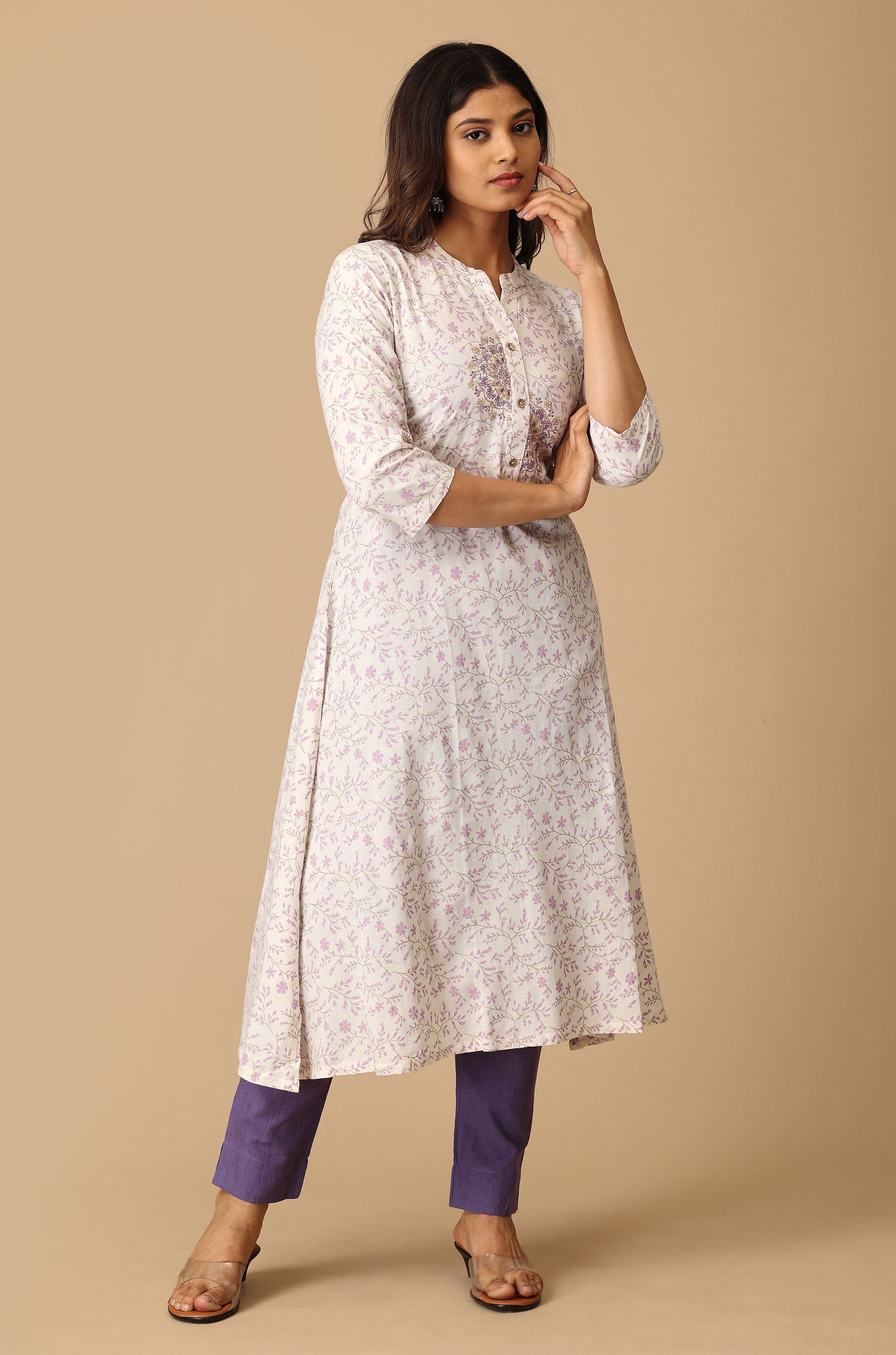 Off White Viscose Printed & Embroidery KurtI