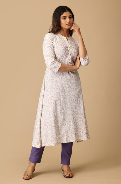 Off White Viscose Printed & Embroidery KurtI