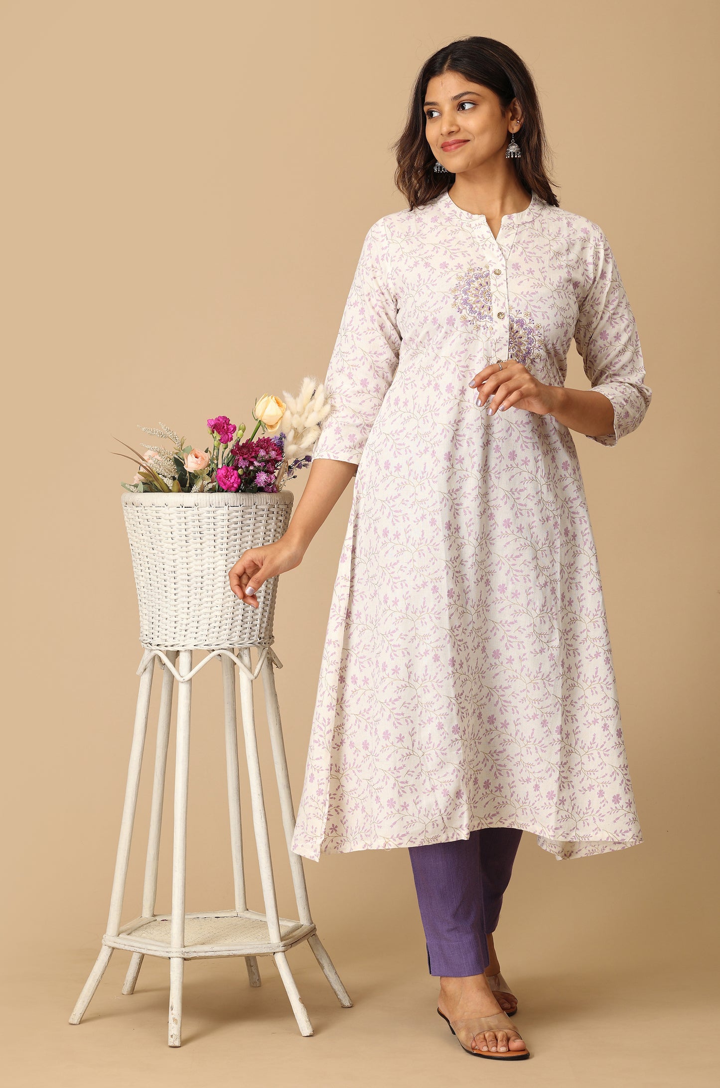 Off White Viscose Printed & Embroidery KurtI