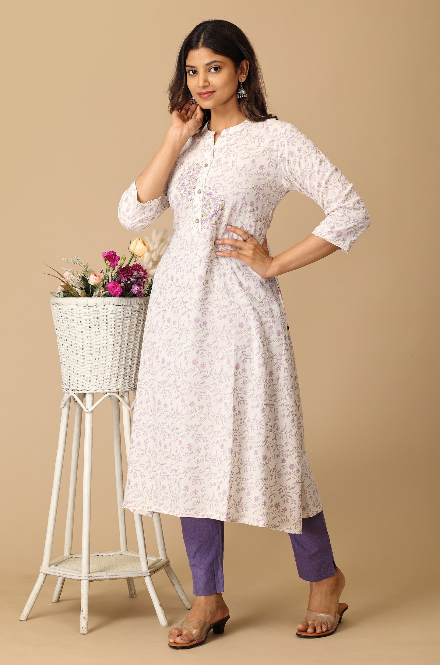 Off White Viscose Printed & Embroidery KurtI