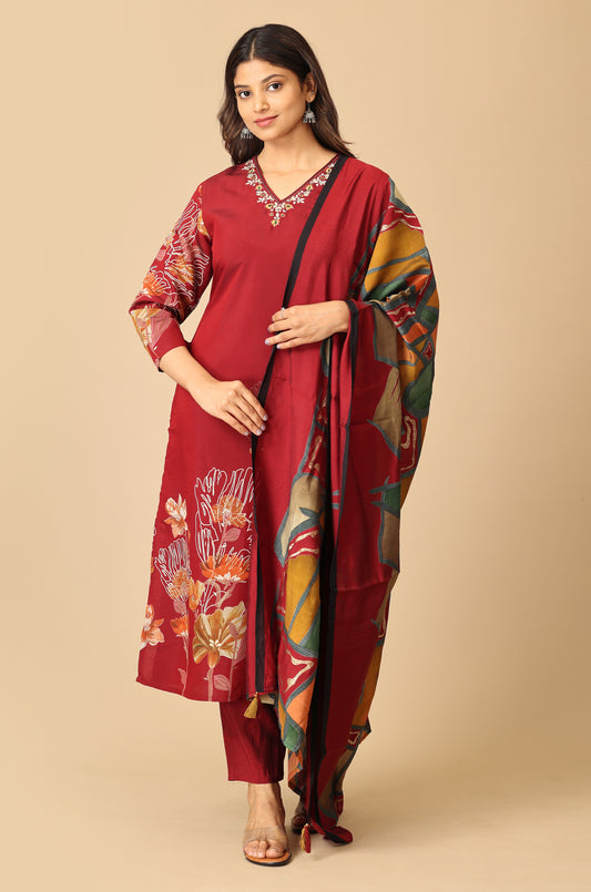 Maroon Maslin Printed with Handwork Kurti Set -3Pcs
