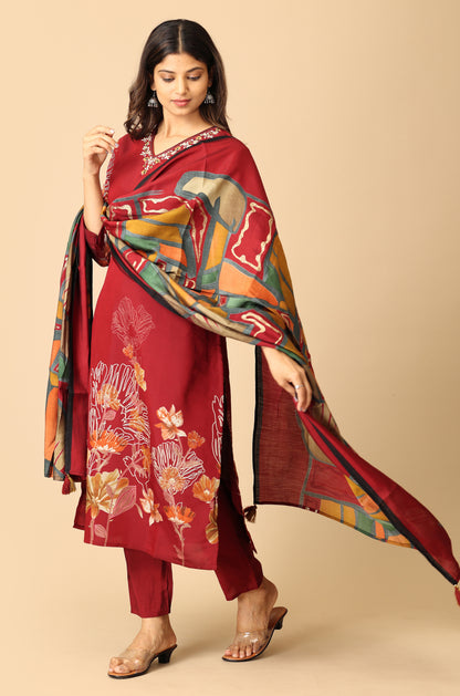 Maroon Maslin Printed with Handwork Kurti Set -3Pcs