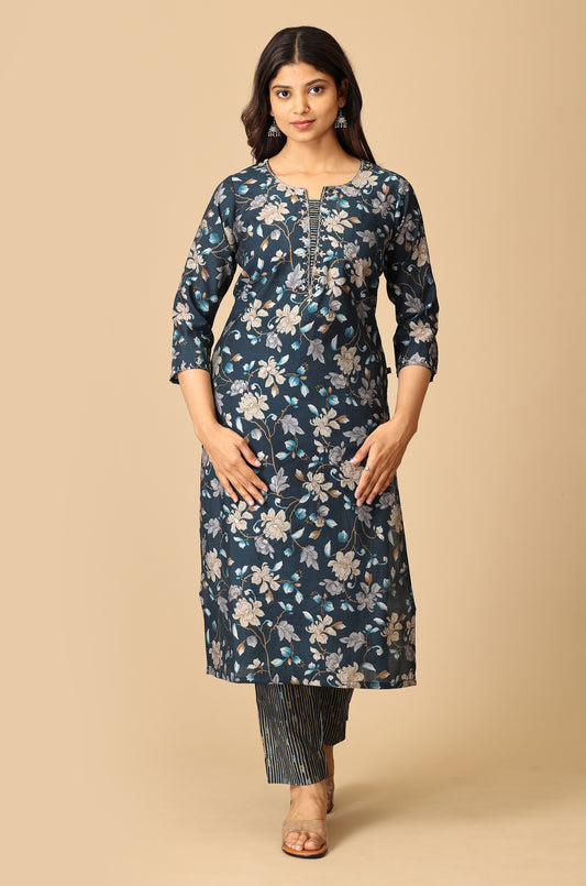 Steel Blue Modal Printed with Embroidery Kurti Set-2pc