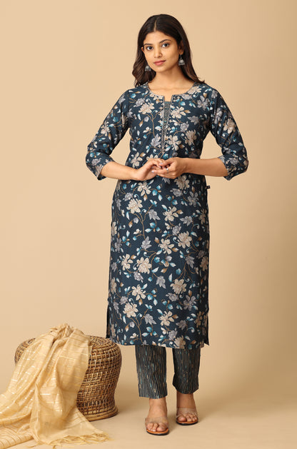 Steel Blue Modal Printed with Embroidery Kurti Set-2pc