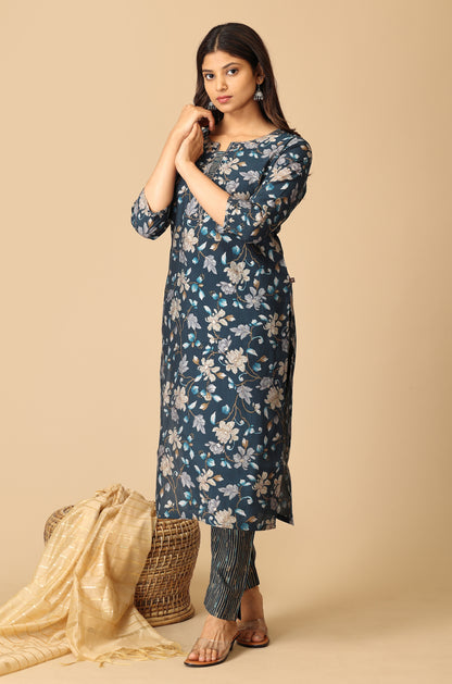 Steel Blue Modal Printed with Embroidery Kurti Set-2pc