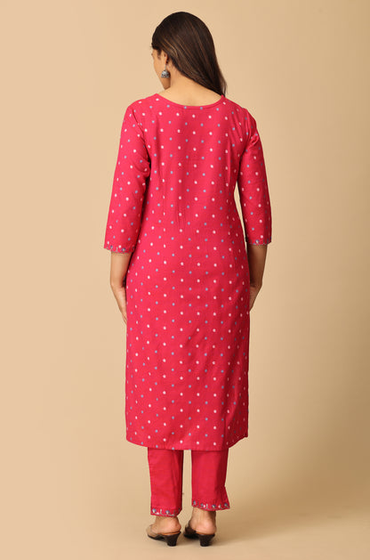 Bright Pink Rayon Slub Printed with Embroidery Kurti Set - 2Pcs