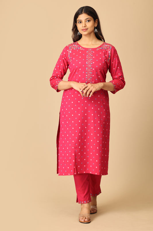 Bright Pink Rayon Slub Printed with Embroidery Kurti Set - 2Pcs