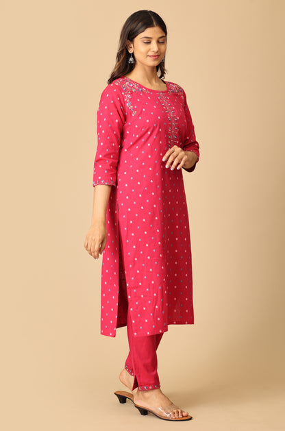 Bright Pink Rayon Slub Printed with Embroidery Kurti Set - 2Pcs