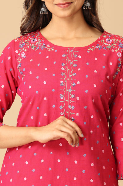 Bright Pink Rayon Slub Printed with Embroidery Kurti Set - 2Pcs