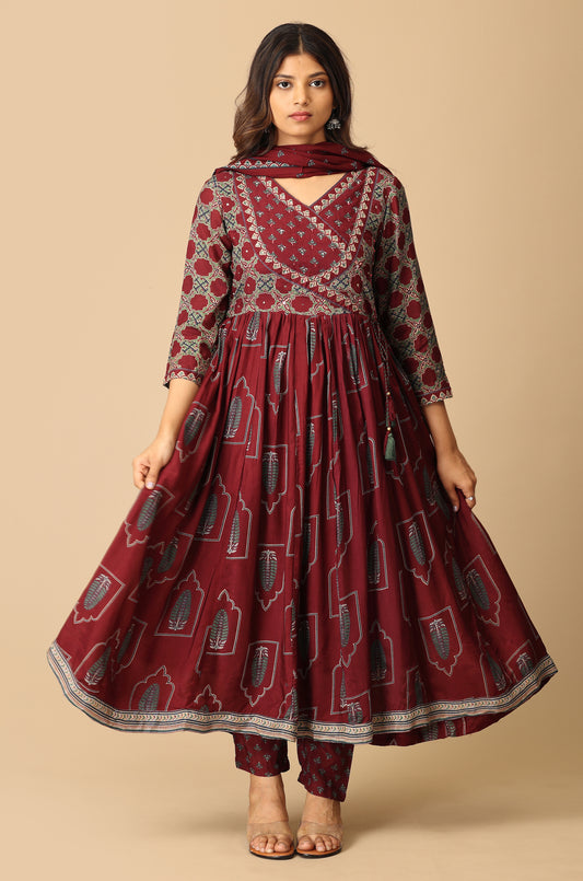 Wine Angrakha Maslin Printed with Handwork Anarkali Set