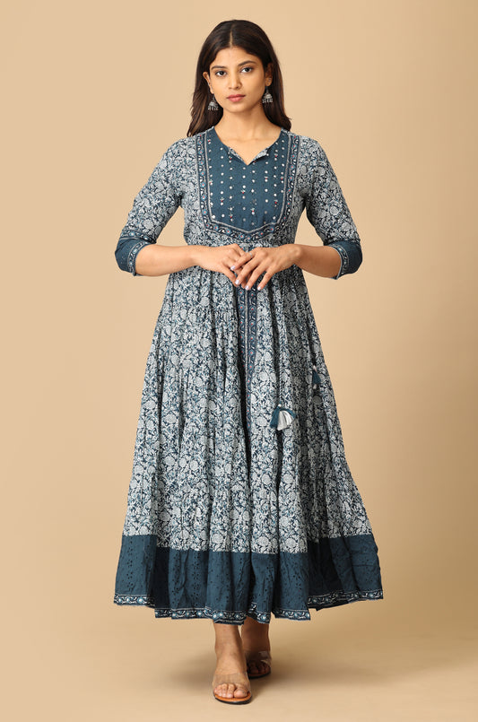Steel Blue Cotton Printed with Handwork Anarkali