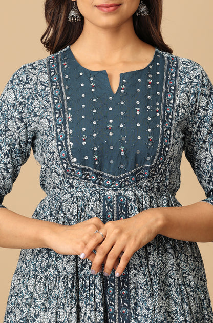 Steel Blue Cotton Printed with Handwork Anarkali