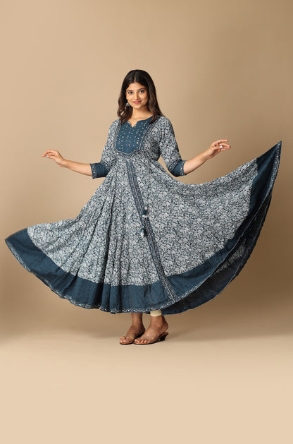 Steel Blue Cotton Printed with Handwork Anarkali