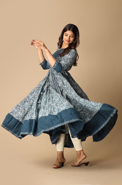 Steel Blue Cotton Printed with Handwork Anarkali