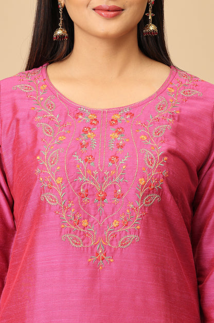 Magenta Slub Silk Embroidery Kurti Set - 2Pcs