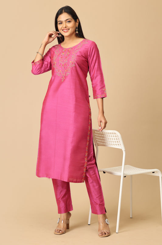Magenta Slub Silk Embroidery Kurti Set - 2Pcs