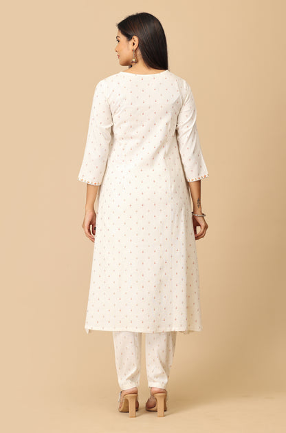 Off White Viscose Printed with Embroidery Kurti Set - 2Pcs