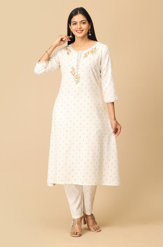 Off White Viscose Printed with Embroidery Kurti Set - 2Pcs