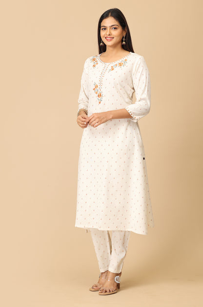 Off White Viscose Printed with Embroidery Kurti Set - 2Pcs