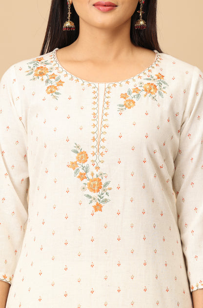 Off White Viscose Printed with Embroidery Kurti Set - 2Pcs