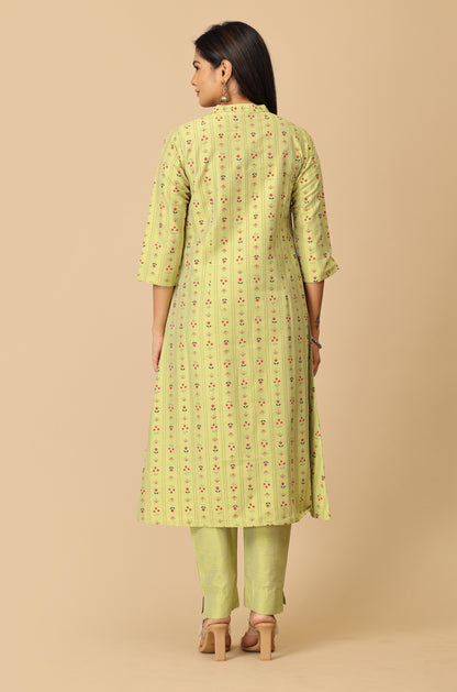 Pistachio Slub Silk Printed A-Line Kurti Set - 2Pcs