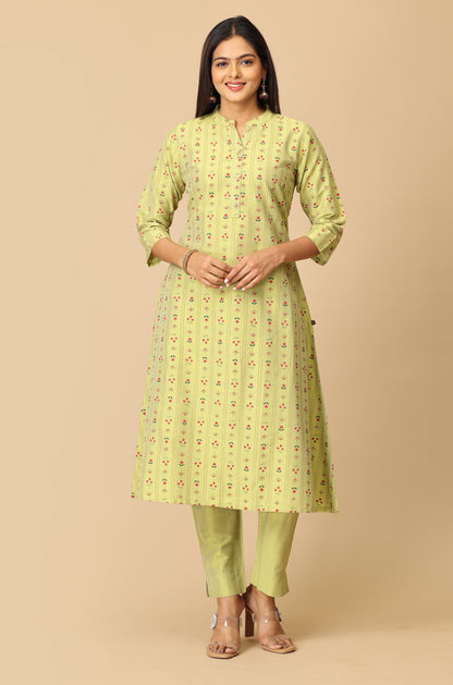Pistachio Slub Silk Printed A-Line Kurti Set - 2Pcs
