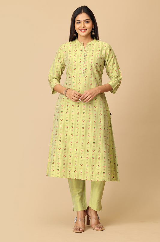 Pistachio Slub Silk Printed A-Line Kurti Set - 2Pcs