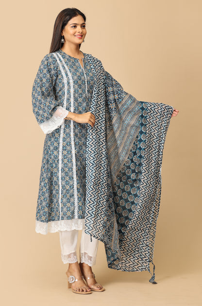 Navy Blue Cotton Printed A-Line Kurti Set - 3Pcs