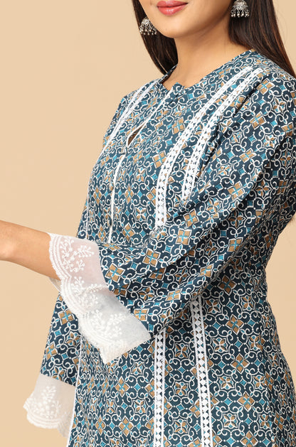 Navy Blue Cotton Printed A-Line Kurti Set - 3Pcs