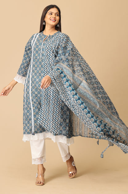 Navy Blue Cotton Printed A-Line Kurti Set - 3Pcs