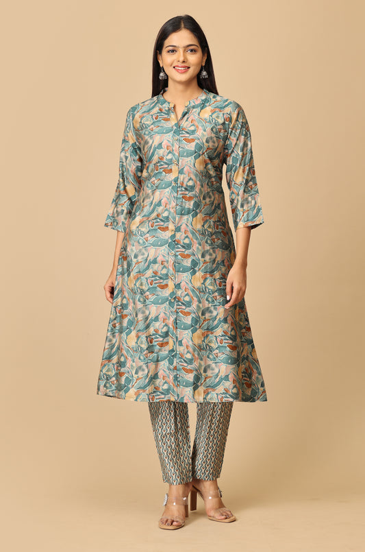 Teal Modal Printed A-Line Kurti Set - 2Pcs