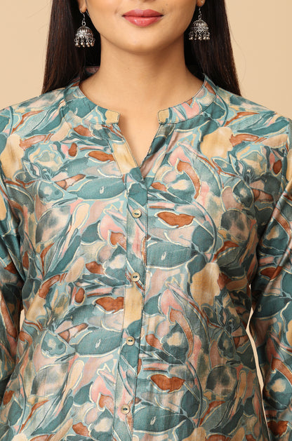 Teal Modal Printed A-Line Kurti Set - 2Pcs