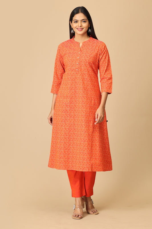 Orange Rayon Slub Printed A-Line Kurti Set - 2Pcs
