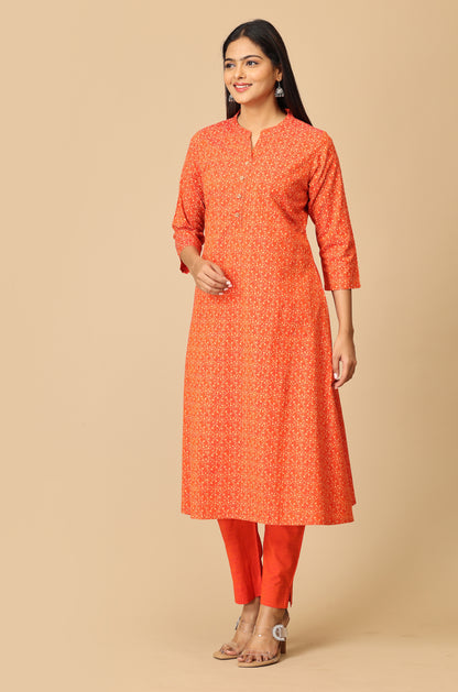 Orange Rayon Slub Printed A-Line Kurti Set - 2Pcs