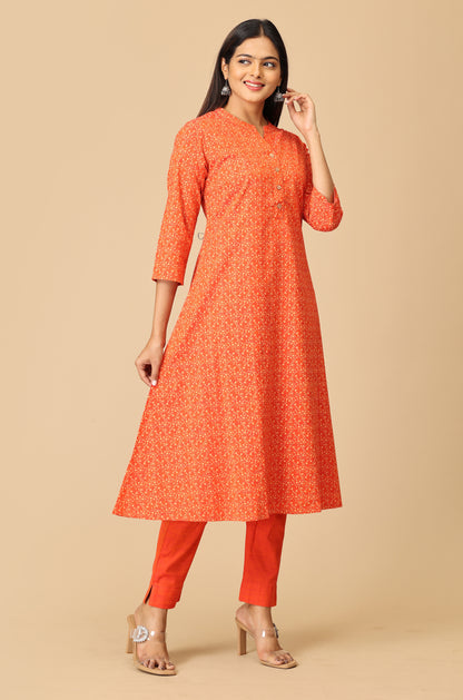 Orange Rayon Slub Printed A-Line Kurti Set - 2Pcs