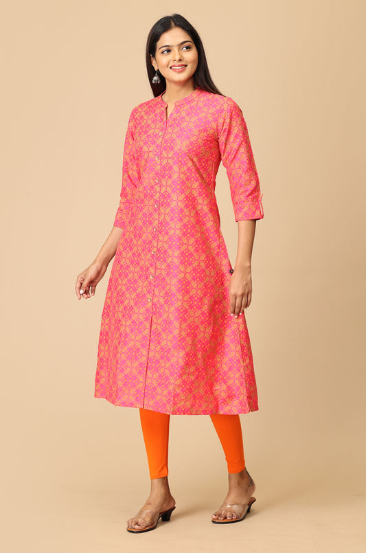 Bright Pink Slub Silk Printed Kurti