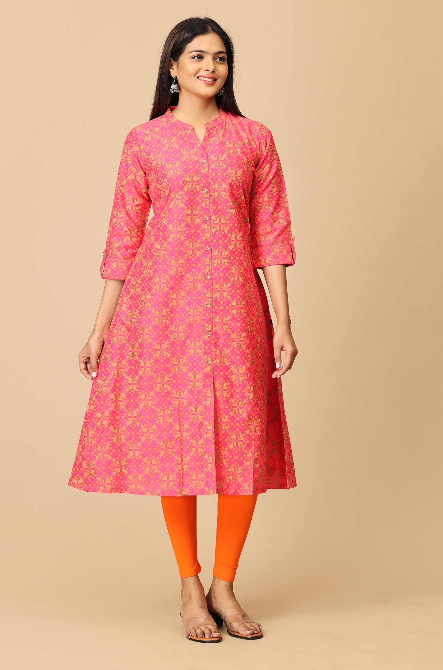 Bright Pink Slub Silk Printed Kurti