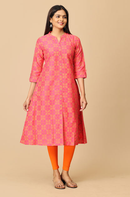Bright Pink Slub Silk Printed Kurti