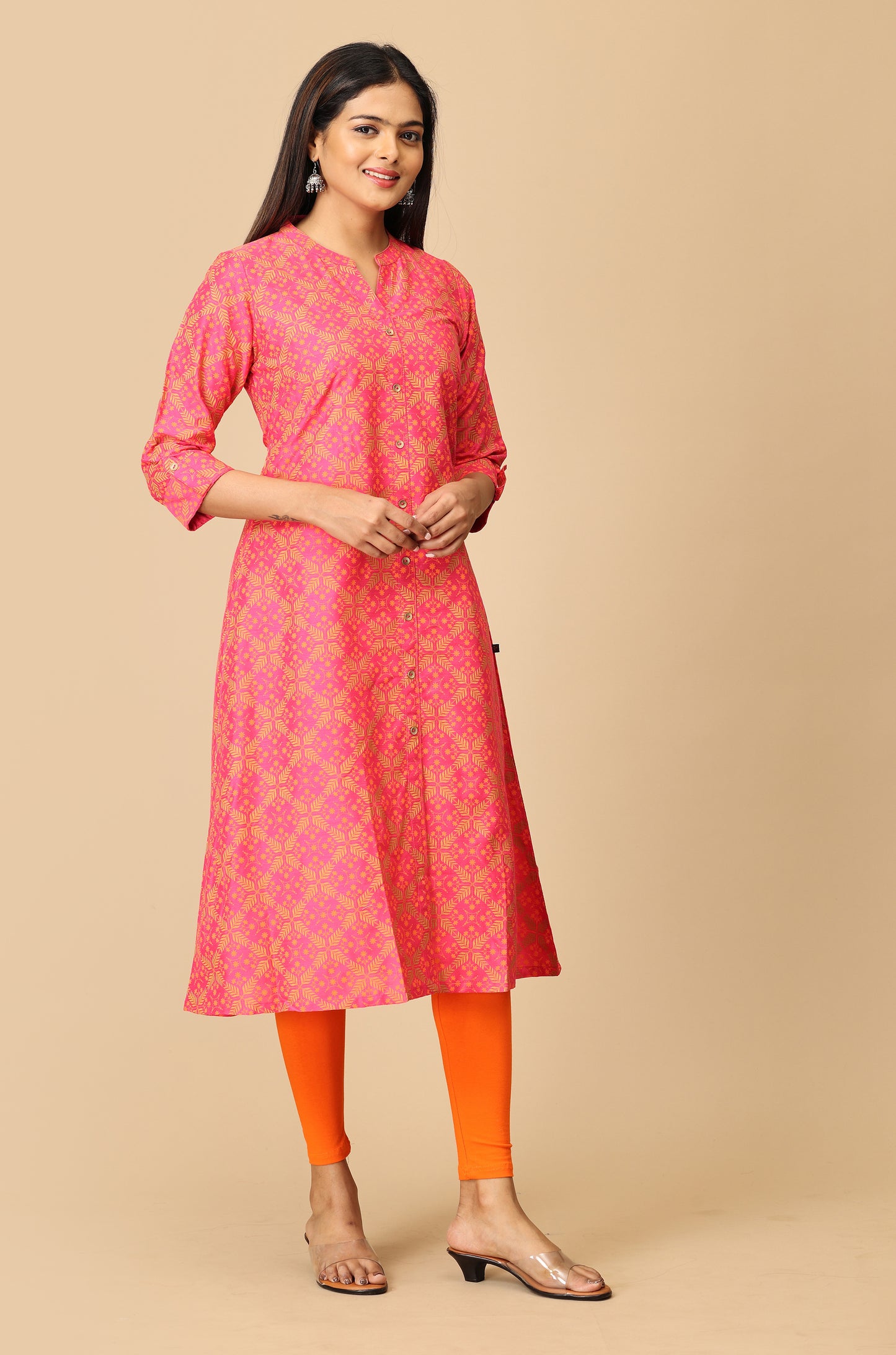 Bright Pink Slub Silk Printed Kurti