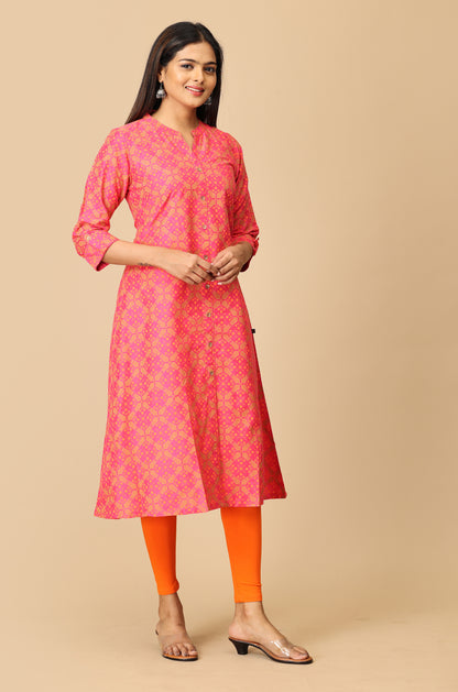 Bright Pink Slub Silk Printed Kurti