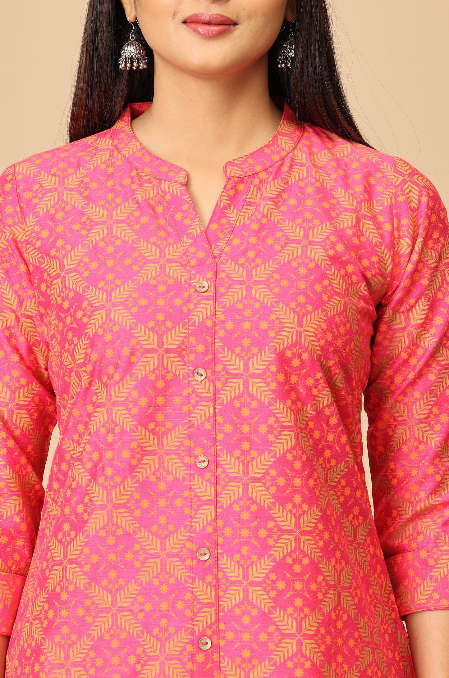 Bright Pink Slub Silk Printed Kurti