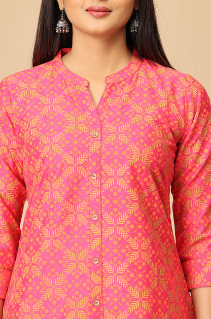 Bright Pink Slub Silk Printed Kurti