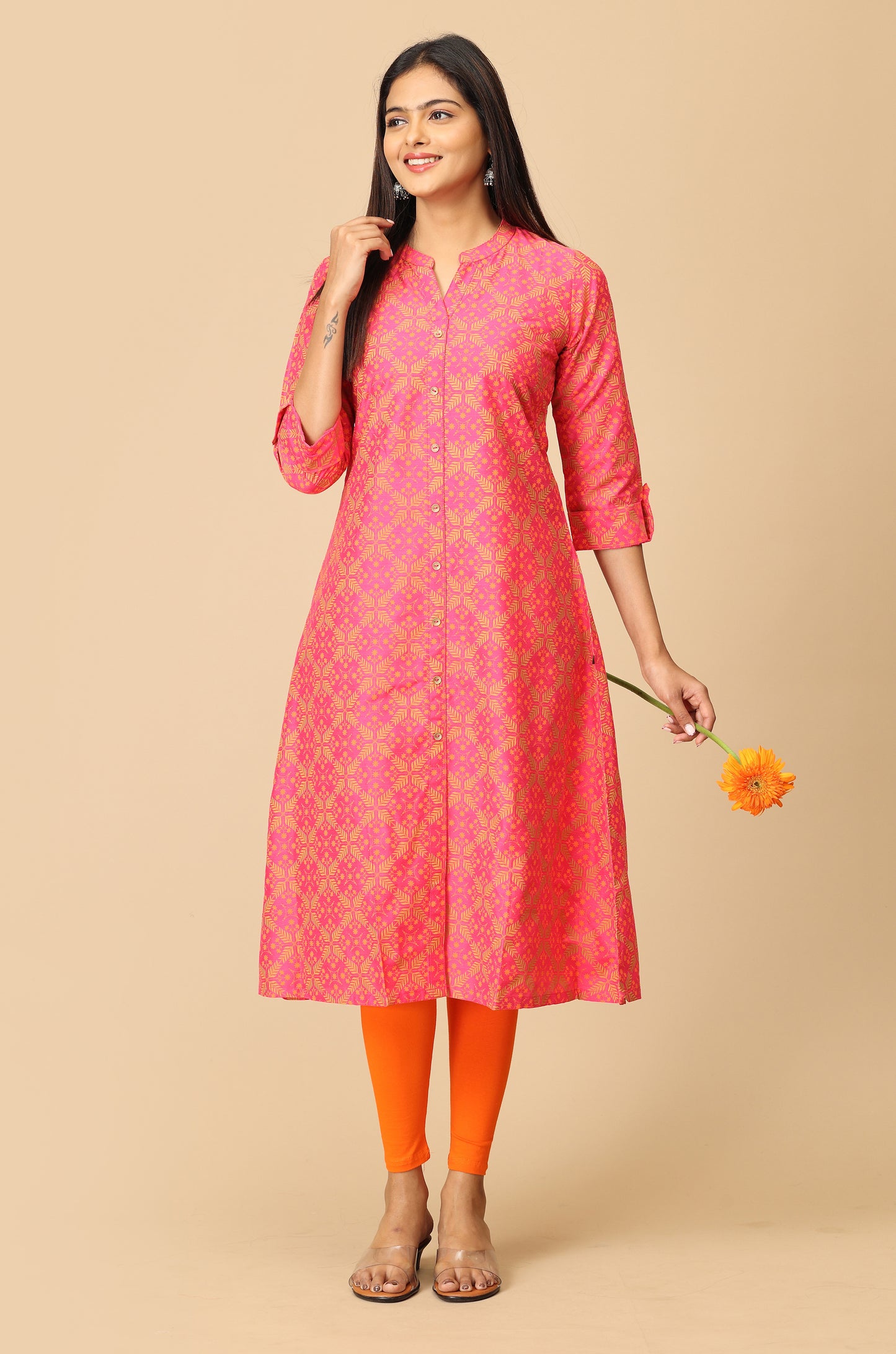 Bright Pink Slub Silk Printed Kurti