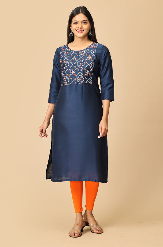 Navy Blue Multi-Color Embroidery Kurti