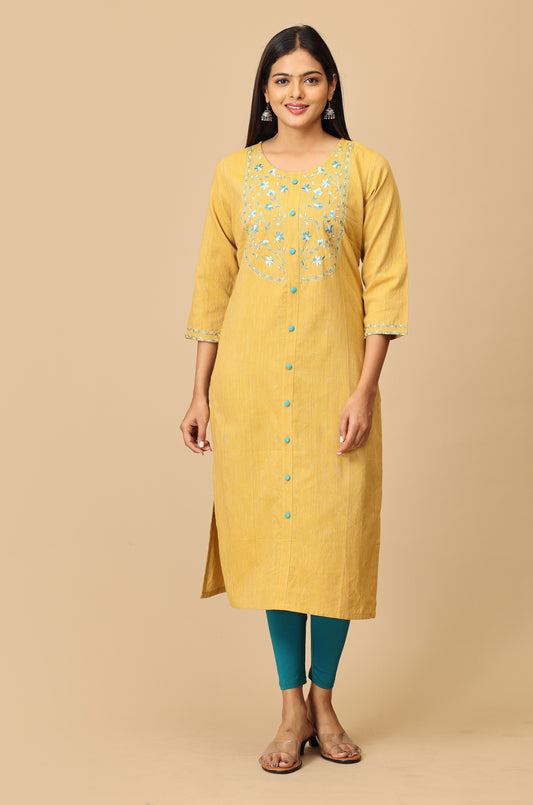 Mustard Khadi Embroidery Kurti