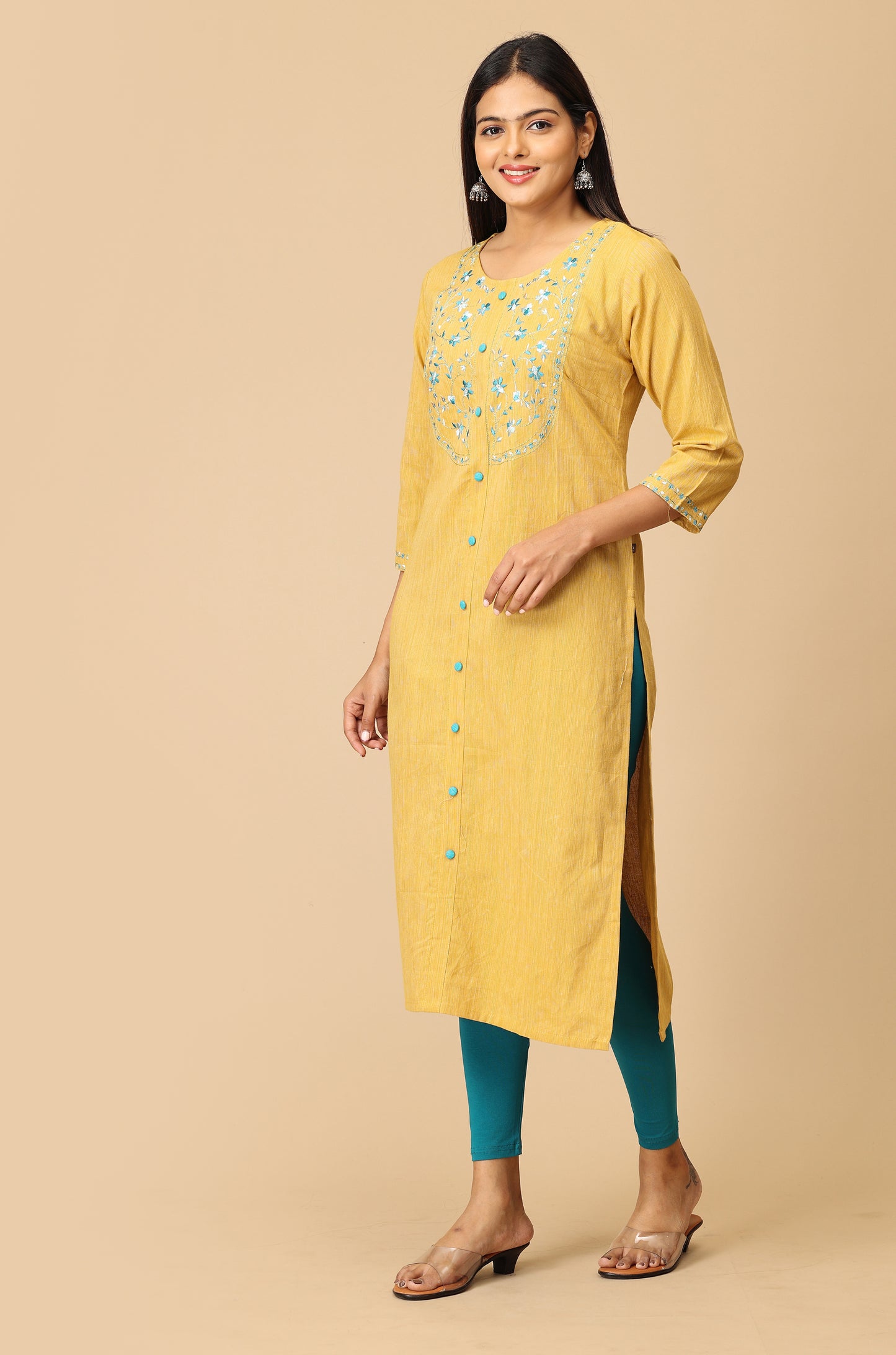 Mustard Khadi Embroidery Kurti