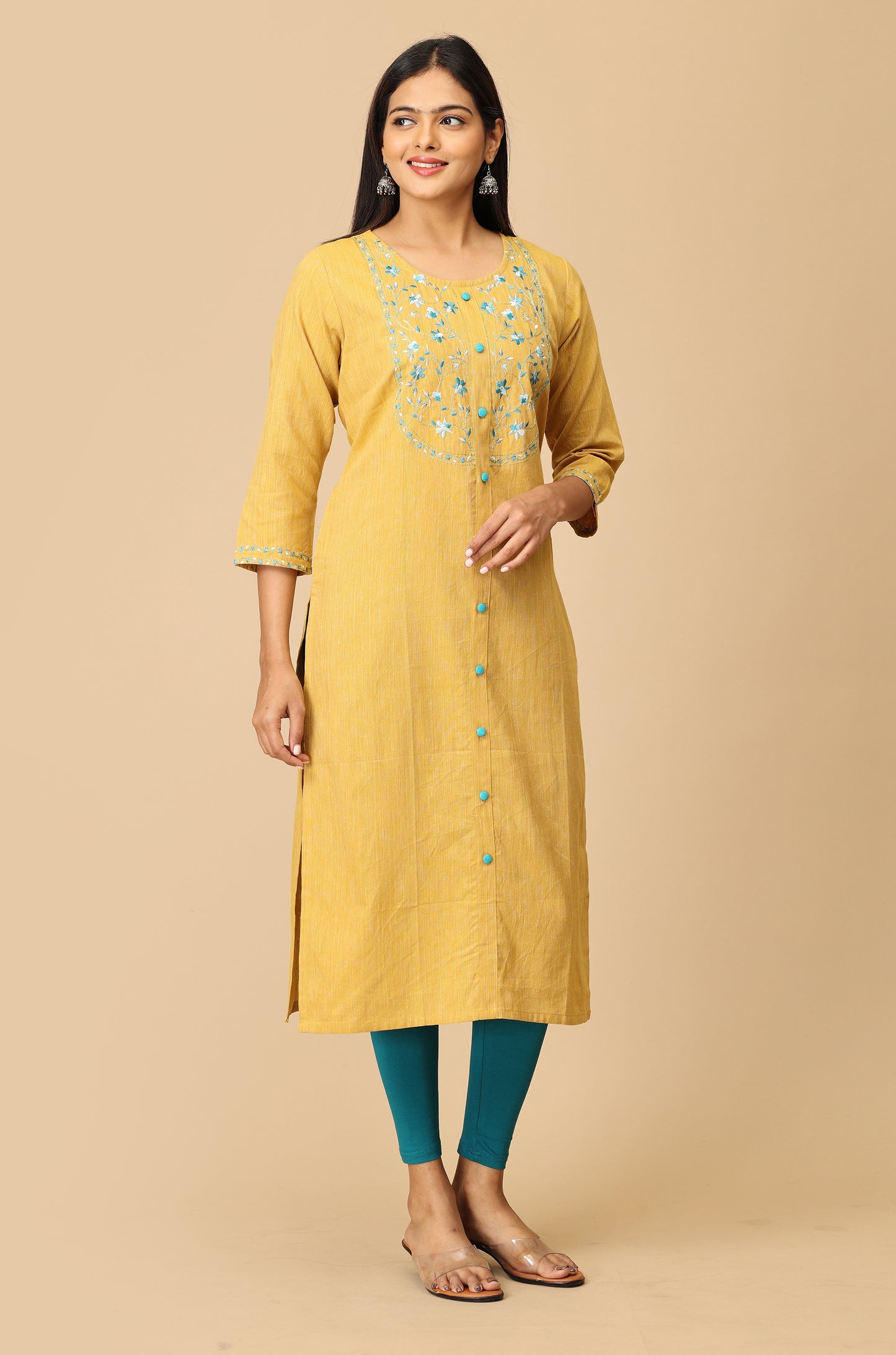 Mustard Khadi Embroidery Kurti